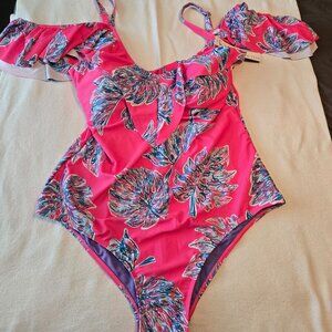 Nicole Miller Plus 3x Sized One Piece Cold Shoulder Ruffle Pink Floral NWT NEW!